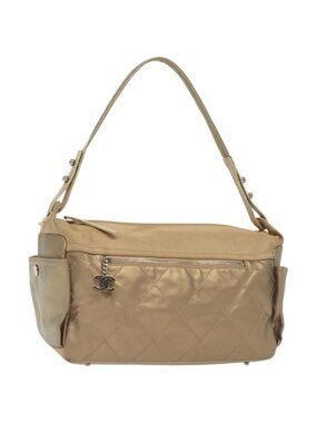 Authentic CHANEL Paris Biarritz Shoulder Bag Coated Canvas Beige Silver CC